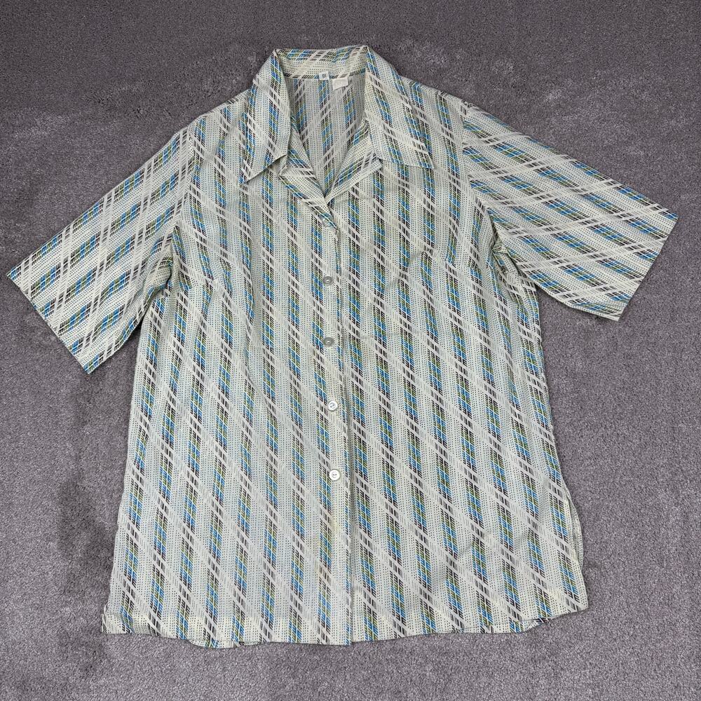 Vintage 60s 70s Womens Size L Blue Green Geometric Camp Collar Blouse Mod MCM